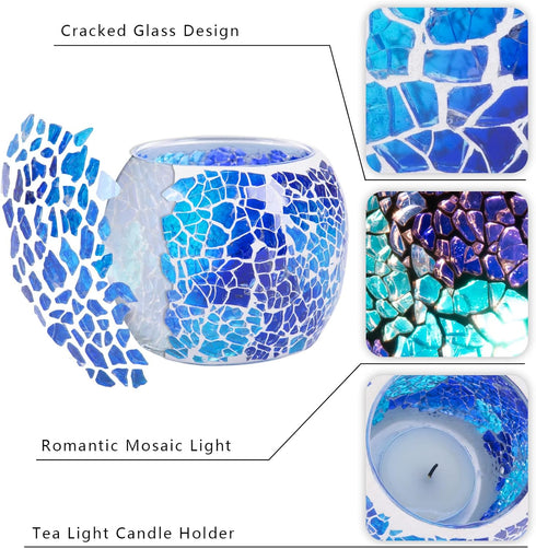 Scented Candle Holder, Handmade Mosaic Glass Tea Light Holder for Aromatherapy & Party Décor (Blue)
