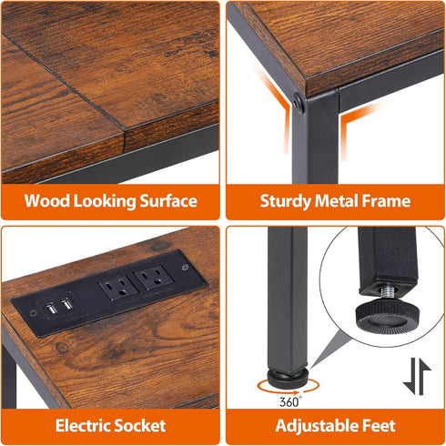 Nouva 70 Inch Narrow Console Table with Outlet, Sofa Table with Charging Station, Behind Couch Table with Metal Frame