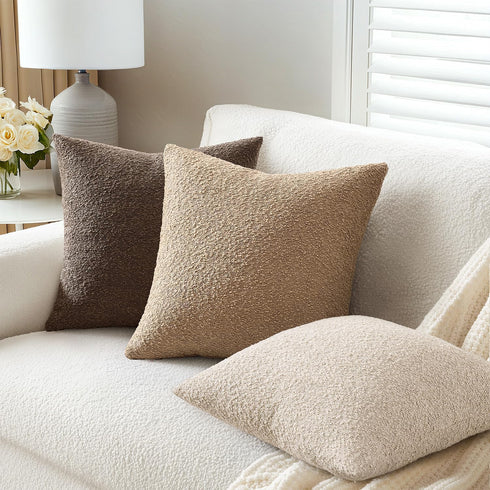 Pack 2 Cozy 22 22 Inch ANRODUO of Textured Boucle Throw Pillow Covers Soft Beige Euro Decorative Accent Solid Pillow