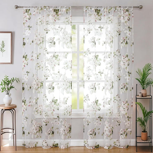 BROSHAN Pink Floral Sheer Curtains 78 Inches Long - Pretty Flower Print Bedroom Curtain Sheers, 2 Panels Set