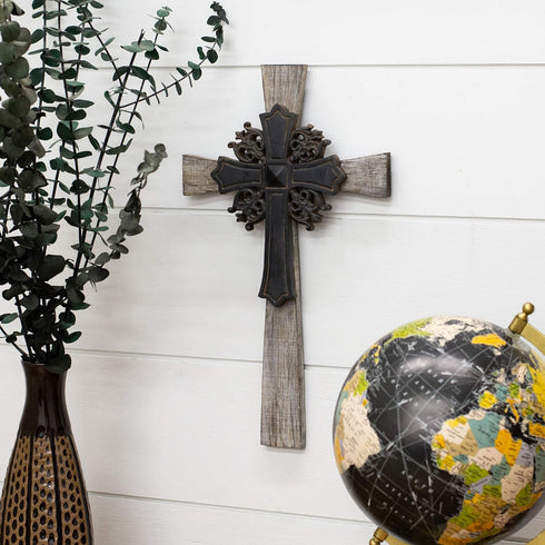 Dicksons Antiqued Double Layer Decorative Hanging Wall Cross, 15 Inch Wood and Metal