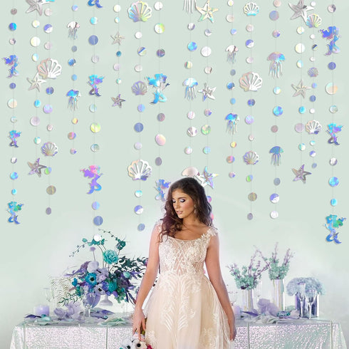40 Ft Iridescent Mermaid Garland with Jellyfish, Seashell, Starfish, Pearl Holographic Paper Streamer for Under The Sea