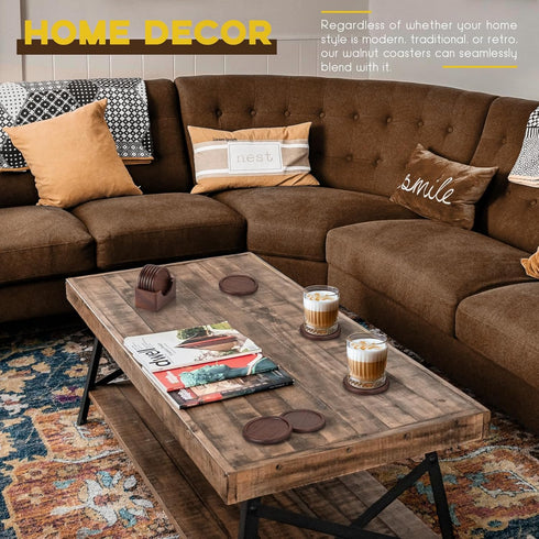 Set 6 Wood Coasters with Holder, GOH DODD of Walnut Wooden Coaster Tabletop Protection for Drinks Coffee Table Home