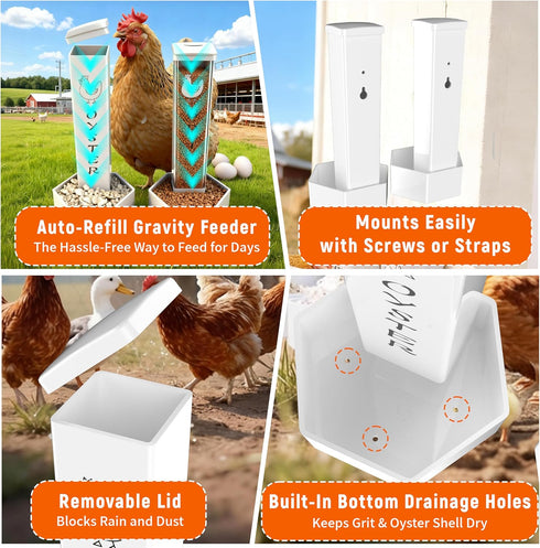 2 Pack Chicken Grit and Oyster Shell Feeder, Hanging Wall Mount Chicken Feeder Combo, Waterproof ABS Automatic Gravity