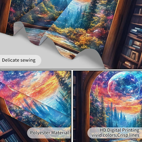LB 60 40 Inches Fantasy Bookshelf Moon Tapestry, Forest Tree and Vintage Library Classroom Wall Tapestry for Bedroom