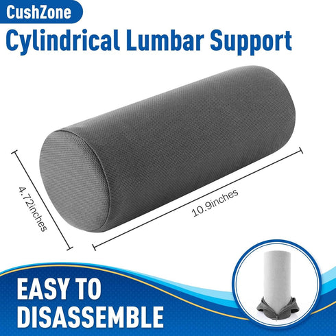 Lumbar Roll Support Pillow for Office Chair, Car, Gaming Chair, Memory Foam Back Cushion with Washable Cover for Relieving Back Pain & Improving Posture,Grey by CushZone