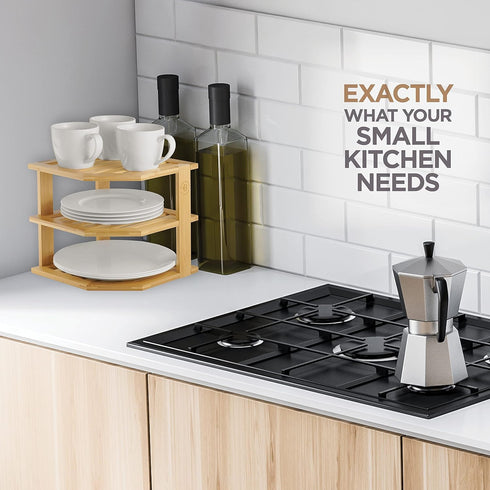 3 Countertop 10 10 9.5 Inch, Counter, Plate Organizer for Cabinet - Tier Bamboo Corner Shelf Cabinet Organizer