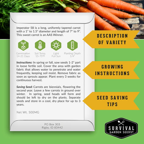 58 (1 Pack) Imperator Carrot Seeds for Planting Grow Long, Straight, Sweet Carrots for Juicing, Vegetable Gardens