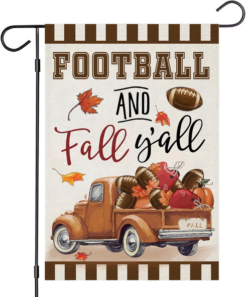 Welcome Thanksgiving Fall Garden Flags - FOOTBALL and Fall Y'all Truck with Maple Leaves, 12x18 Inch Outdoor Decor