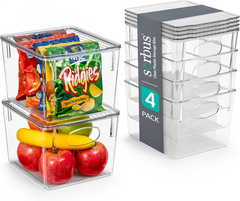 Sorbus Medium Plastic Storage Bins with Lids, Clear Storage Bins for Kitchen Organization, 4 Pack, Refrigerator