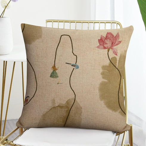 Chinoiserie Throw Pillow Cover, Lotus Ink Painting Flowers, Farmhouse Home Decor 18"x18"