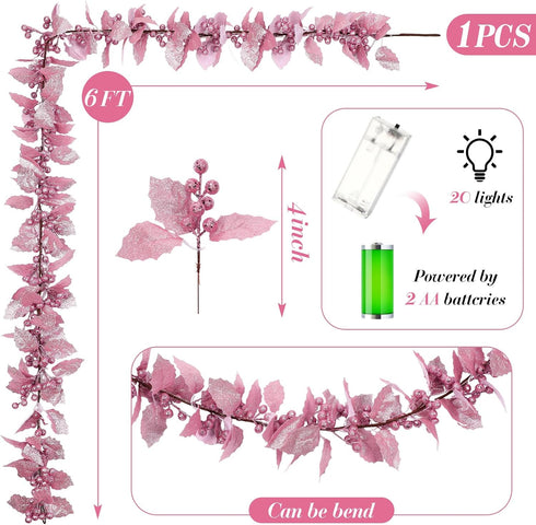 Syhood 1 6ft Pcs Christmas Glitter Berry String Garland Artificial Lighted Berry Holly Leaves Garland Indoor Outdoor