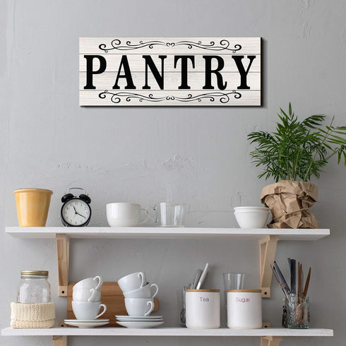 Pantry Sign Wall Decor - Rustic Retro Wooden Art Printed Decor for Home Room Holiday Decoration, 16 x 6 Inches (White)