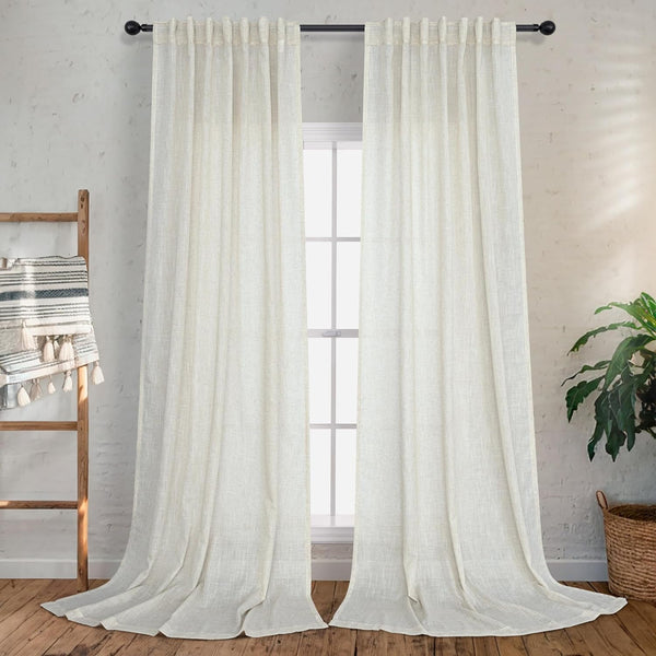 Back Tab Cream Linen Curtains 96 Inches Long 2 Panels Set for