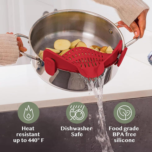 Kitchen Gizmo Snap N Strain Silicone Pot Strainer, Adjustable Clip-On Pasta Strainer for Pots, Pans, Large Red Colander