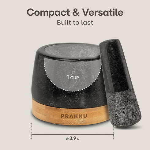 Set 1 Praknu Mortar and Pestle Small - Heavy-Duty Cup Stone Grinder for Spices & Herbs - Durable Granite Molcajete