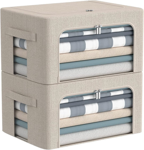 Clothes Storage Bins Box - Foldable Stackable Linen Fabric Organizer Set with Clear Window & Carry Handles - 2 Pack for