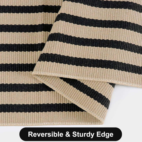 Black and Tan Outdoor Rug 24"x35", Washable Reversible Striped Door Mat, Hand-Woven Farmhouse Throw Rug