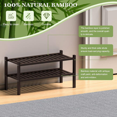 ROMGUAR CRAFT 2 Closet 27"x12"x14" Tier (Thick) Bamboo Shoe Rack for Free Standing Wood Shoe Shelf for Entryway Small