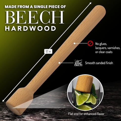 Wood Cocktail Muddler: 12 inch Hardwood Mojito Drink Muddler, Home Bar Tool