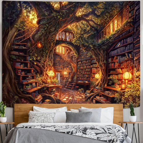 Accnicc 60 44 inch Forest Library Tapestry Tree Bookshelf Tapestries Wall Hanging Vintage Fantasy Fairy Treehouse Book