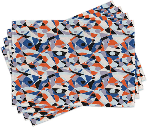 Ambesonne Set of 4 Mid Century Place Mats, Mosaic of Various Shapes and Colors, Washable Fabric, Blue Orange