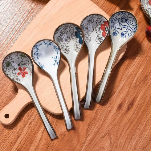 Large Hand-Painted Japanese and Korean Ceramic Soup Spoon Set of 5, Long Handle Rice Spoons