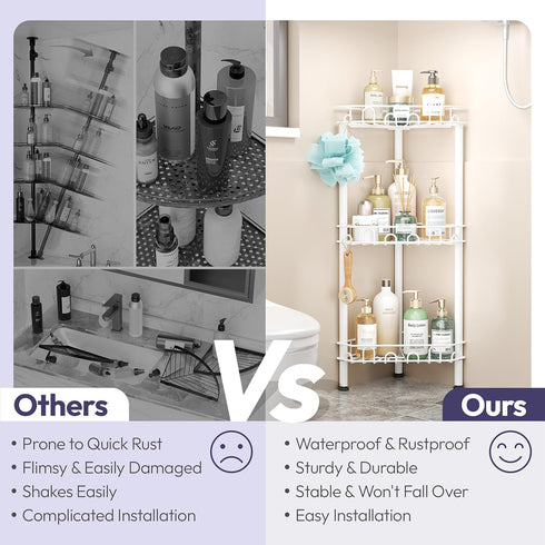 3Tier 12 SWTYMIKI Standing Shower Caddy Corner - Stainless Steel ShowerOrganizer Shelf with Hooks and Adhesive Pads