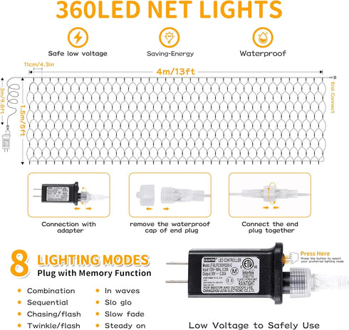 Lights,360LED 13ft 5ft 8 HEYFUNi Net Mesh Waterproof String x Christmas Net Lights, Modes,Connectable for Indoor