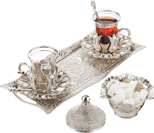 DEMMEX Turkish Tea and Coffee Serving Set for 2 Includes 2 Glasses, Metal