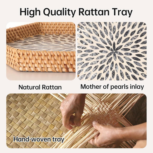 14.5"12.8") Hexagon Rattan Tray with Mother of Pearl Inlay, Rattan Serving Tray for Coffee, Bread, Fruits, Snacks