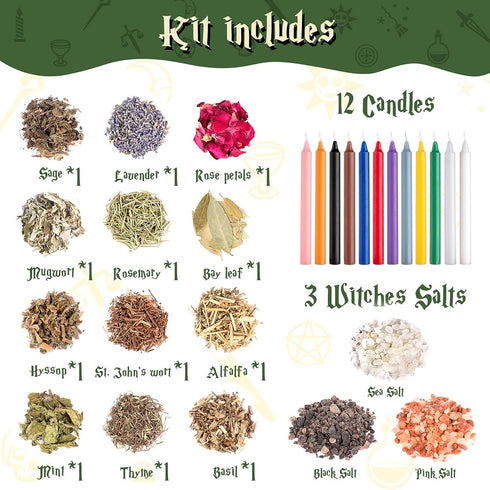 Tassika 63 Pack Witchcraft Starter Kit, Witchcraft Supplies for Wiccan Altar- of Crystals Dried Herbs, Colored Magic