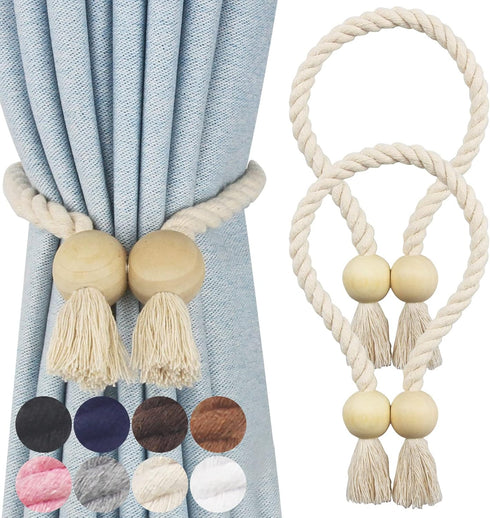 2 Pack Cotton Hand Woven Magnetic Curtain Tiebacks, Decorative Rope Holdbacks for Curtains Draperies, No Tools