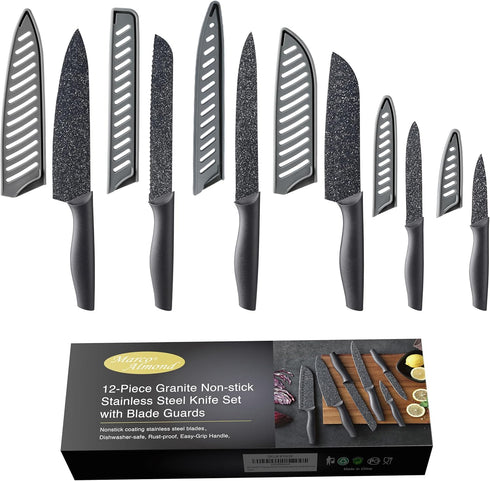 Marco Almond Kitchen Knife Set, KYA39 12-Piece Chef Knife Set, 6 Knives with 6 Blade Guards, Stainless Steel