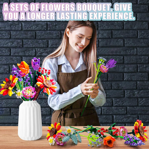 Flower Bouquet Building Set - 17 Artificial Botanical Collection Flowers DIY Home Decoration Gifts (976 Pcs)