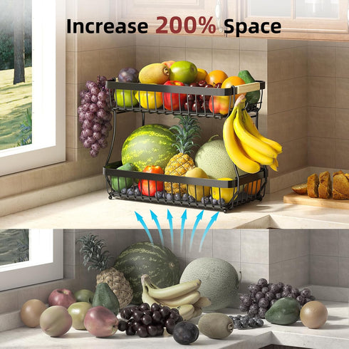 2 Counter 2 2026 Sevenblue Tier Large Fruit Basket for Kitchen with Mobile Banana Hangers, Pro Detachable Metal Fruit
