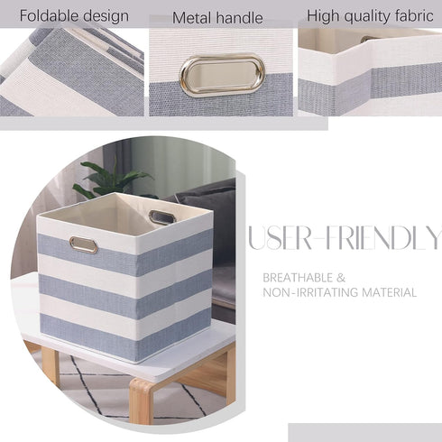Cube Storage Bins 13×13, Fabric Foldable Box Set of 4, Large Capacity for Closet, Grey-White Stripes