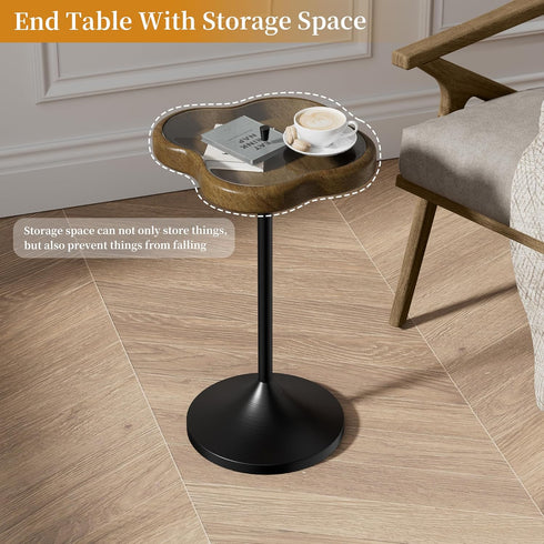 Aoligrace Small Side Table, Solid Wood End Table with Tempered Glass Top, Unique Drink Pedestal Table with Storage