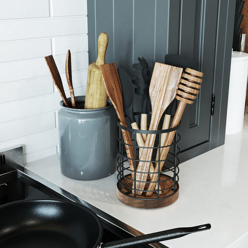 Utensil Holder for Kitchen Counter - Black Wire with Wooden Base, Large Wooden Cooking Utensil Organizer