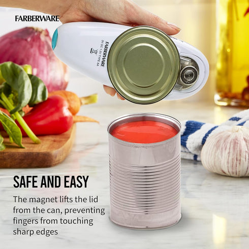 Farberware Compact Battery Operated Automatic Can Opener, Hands-Free for Any Size Can, Aqua