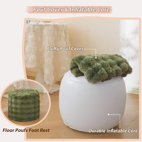 20" 16" LIFEREVO Faux Rabbit Fur Round Inflatable Pouf Ottoman, X Plush Fuzzy Waffle Bubble Floor Poufs Foot Rest