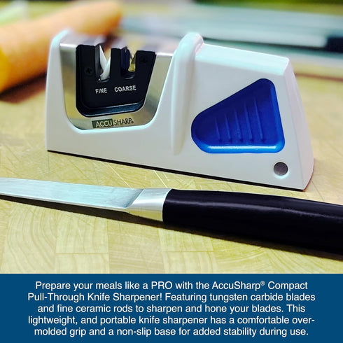 AccuSharp Compact Pull-Through Knife Sharpener, 2-Stage for Kitchen and Hunting Knives, White/Blue