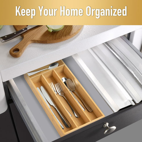 Bamboo Silverware Organizer, Kitchen Drawer Utensil Holder, Natural 4 Slots Flatware Organizer Tray