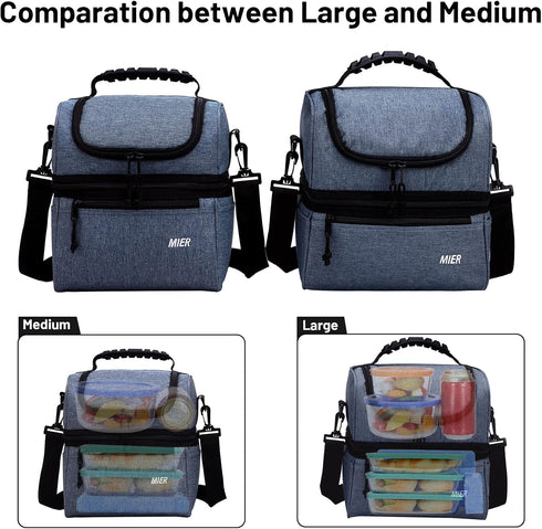 MIER 2 Compartment Lunch Bag, Leakproof Insulated Cooler Bag for Work, Bluesteel, Medium