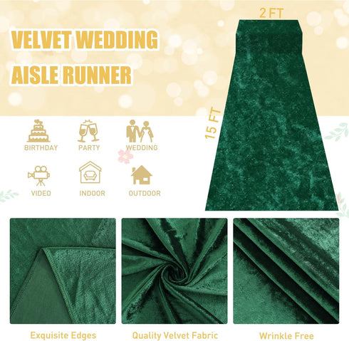 Emerald Green Wedding Aisle Runner 2FTx15FT Luxury Velvet Fabric Carpet for Party Bridal Ceremony Event Decorations