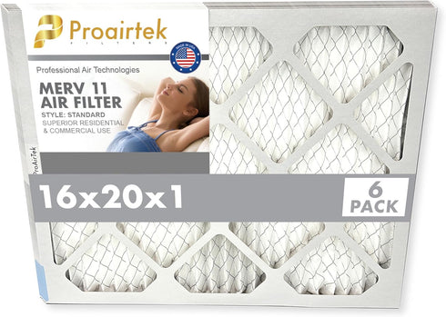 Proairtek AF16201M11SWH Model 16x20x1 Pack of 6 Air Filters, MERV 11 for Clean Air in Home