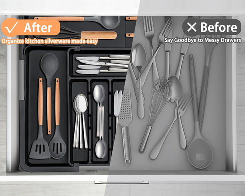 Silverware Organizer, Expandable Kitchen Utensil Drawer Tray with 9 Compartments, Large Cutlery Organizer for Forks,