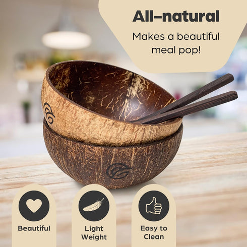 Coconut Bowls and Wooden Spoons Set of 2, Natural Hand-Crafted Vegan-Friendly Kitchen Utensils for Salad