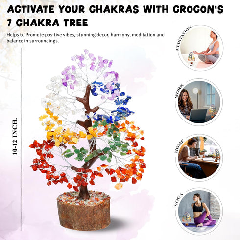 Crocon Seven Chakra Gemstone Tree, Feng Shui Figurine, Money Bonsai, Good Luck Reiki Healing Crystals, Size 10-12"