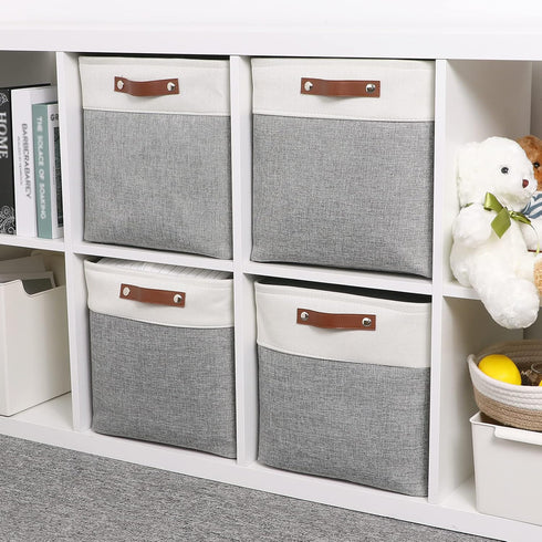 Temary 13 Inch Fabric Storage Cubes Baskets, Large Baskets with PU Leather Handle for Toys, Books, Blankets